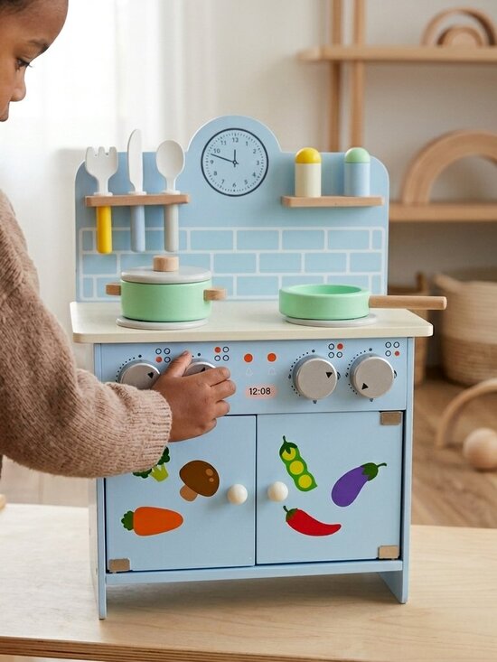 Other - Blue Wooden Play Kitchen Set for Kids, Montessori Pretend Cooking Toy